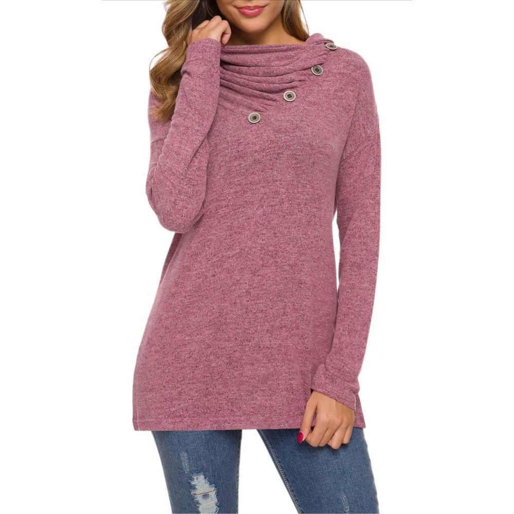NEW Button Cowl Neck Casual Loose Tunic Tops Blouse L
